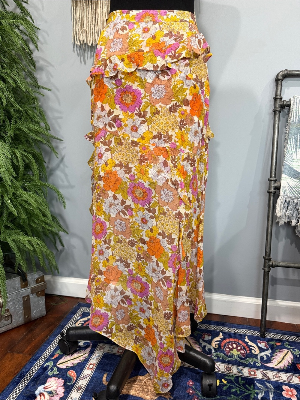 Veronica Beard 100% Silk Floral Ruffle Maxi Skirt - Orange, Pink & Yellow Size 6 - Picture 5 of 10